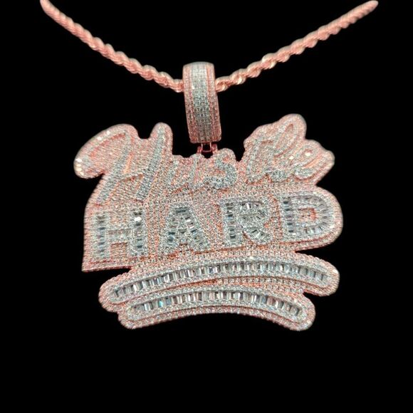 14K Rose Gold Finish Hustle Hard - Free 24inch x 3mm Rope Chain. - Picture 5 of 8